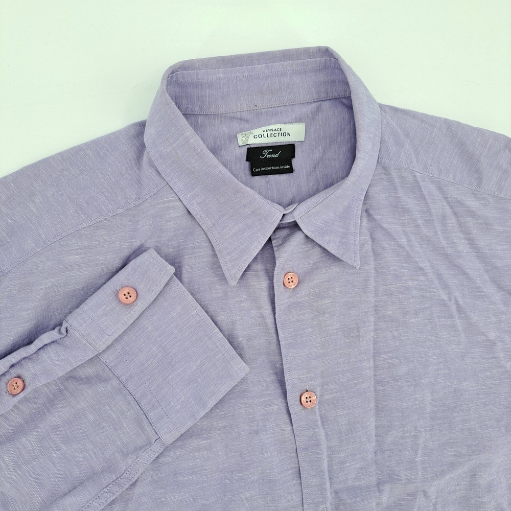 Versace Collection Trend Shirt Mens 17 43 Cotton Linen Purple Slub Long Sleeve